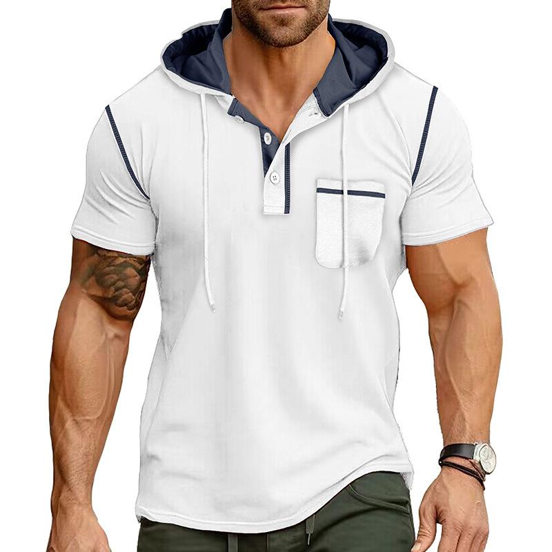 Men's Color Block Trim Hooded Henley Short Sleeve T-Shirt