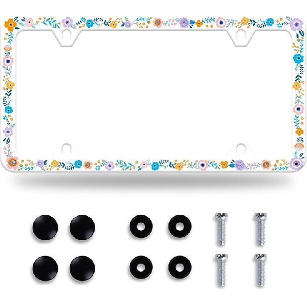 Colorful Flowers License Plate Frame Colorful Wildflower Floral License Plate Frames Stainless Steel Accessories Cars Decor With 4 Holes And Screws