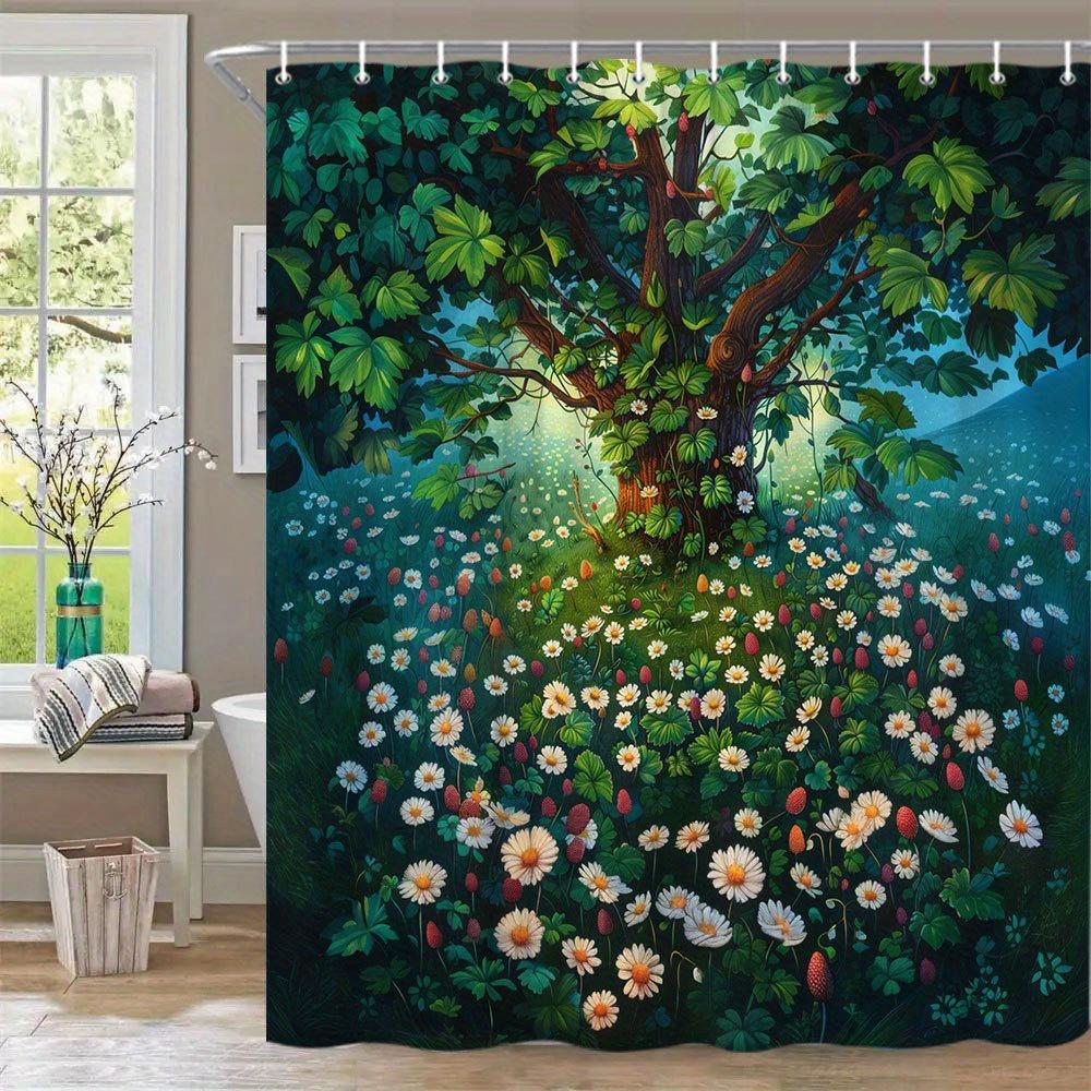 Enchanted Forest Print Waterproof Shower Curtain, Lush Greenery & Wildflowers Design High-End Toilet Partition Curtain