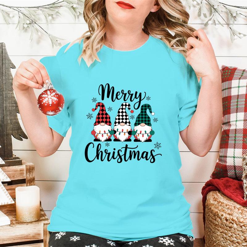 Merry Christmas Gnomes Print Womens Tshirt Fashion Casual Holiday Party Female Tops Tees Short Sleeve Tshirt Women Xmas Gift