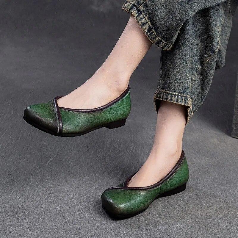 Johnature Eenfargede flate sko med firkantet tå, fritidsloafers med god komfort, slip-on-sko i ekte skinn for kvinner