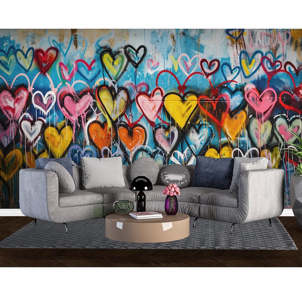 Love Heart Colorful Graffiti Mural Removable Graffiti Mural Living Room Bedroom Large Wall Decor Wallpaper