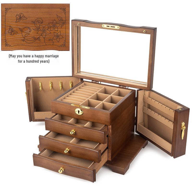 High-End Vintage Solid Wood Multi-layer Jewelry Box with Lock - Large Capacity for Necklace & Ring Storage