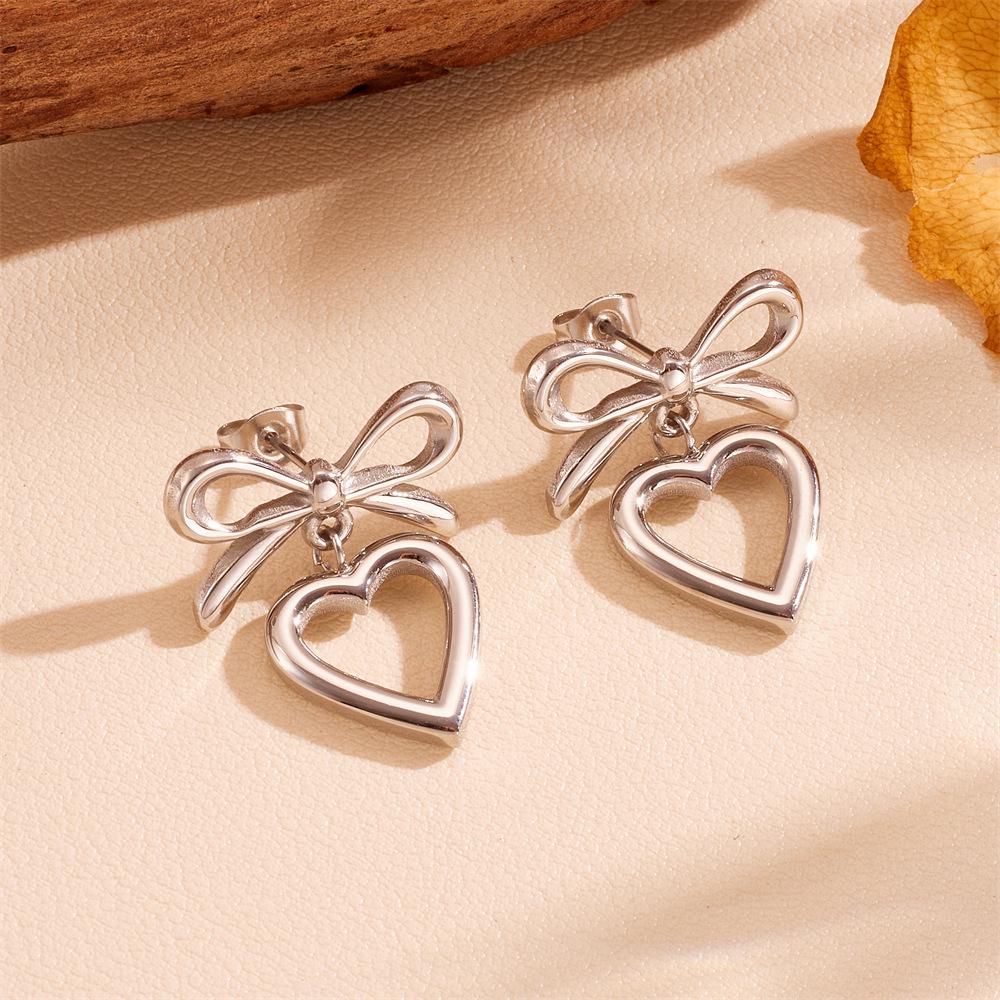 Creative Heart Bow Titanium Steel Ear Studs - Non-fading, Fashionable Hollow Design