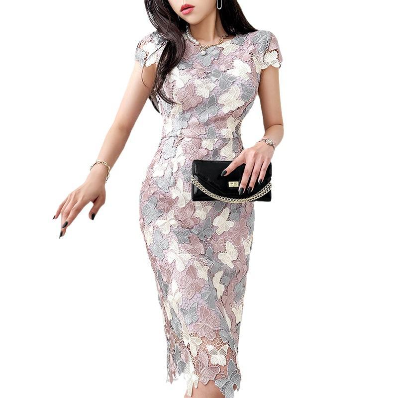 Sommer-Blumen-Spitzenkleid 2025 mit Rundhalsausschnitt - Figurbetont, Mittellang, Farbblock-Design