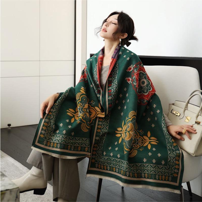 Autumn and winter new retro flower jacquard scarf women's thickened imitation cashmere warm scarf enlarged shawl warm scarf