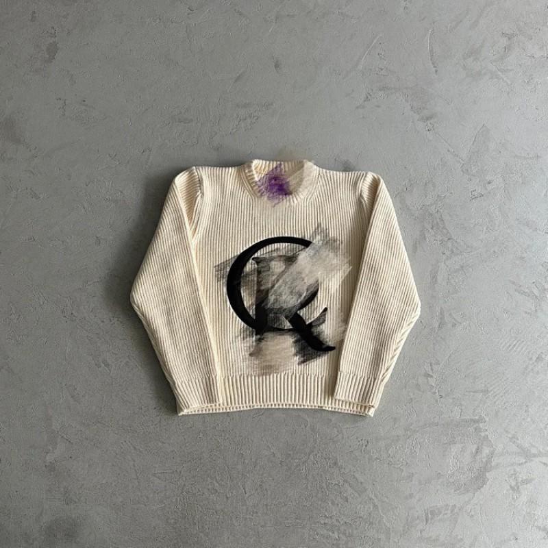 Mens Streetwear Knit Cardigan With Embroidered Letter Stand Collar Zip-Up Sweater Loose Fit