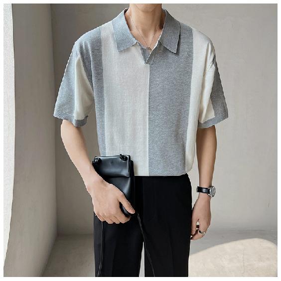 Summer Casual Loose Trendy Men's Short Sleeve Polo Shirt Trendy Gray and White Color Block Turn-down Collar Breathable Men's Knit Shirt