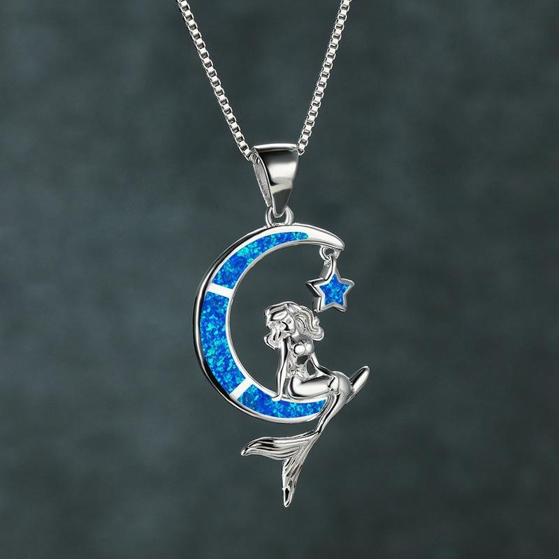 Boho Fashion Mermaid Star Moon Pendant Blue Imitation Opal Silver Color Chain Necklace for Women's Wedding Party Jewelry Gifts