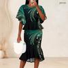 Women Plus Size Two Piece Set Round Neck Batwing Sleeve Printed Ruffle Hem Top Fishtail Skirt Dark Green Black