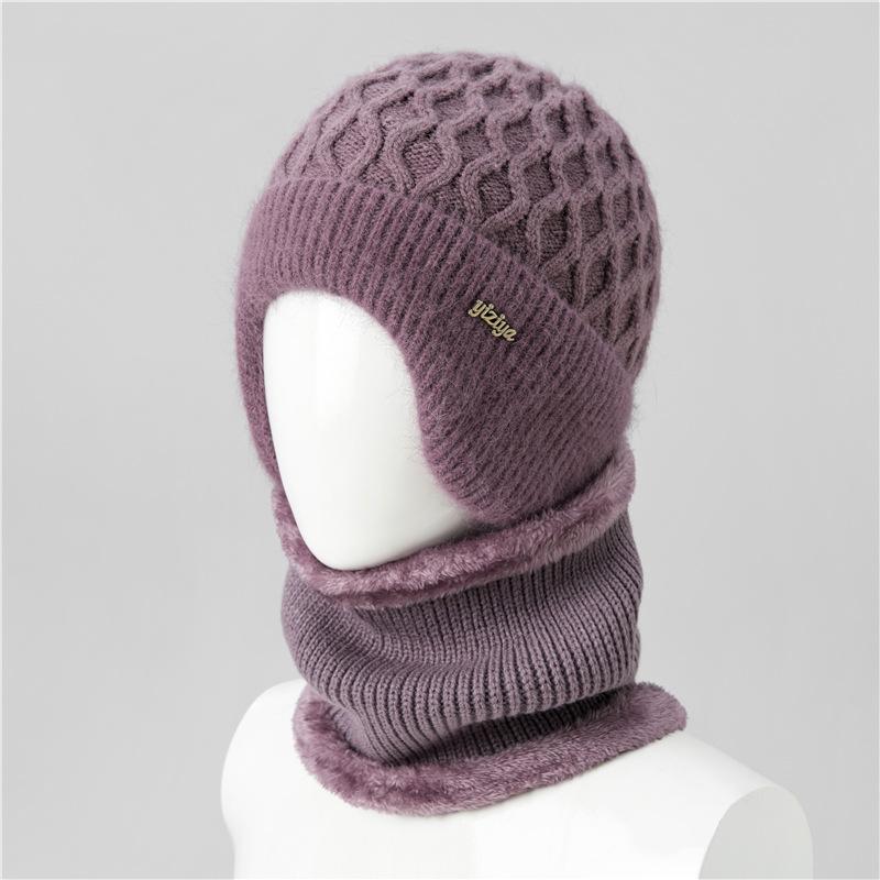 Ji Middle-Aged And Elderly Women'S Basin Hat Grandma Knitted Wool Hat Old Man Hat Rabbit Fur Flower Mother Hat Scarf
