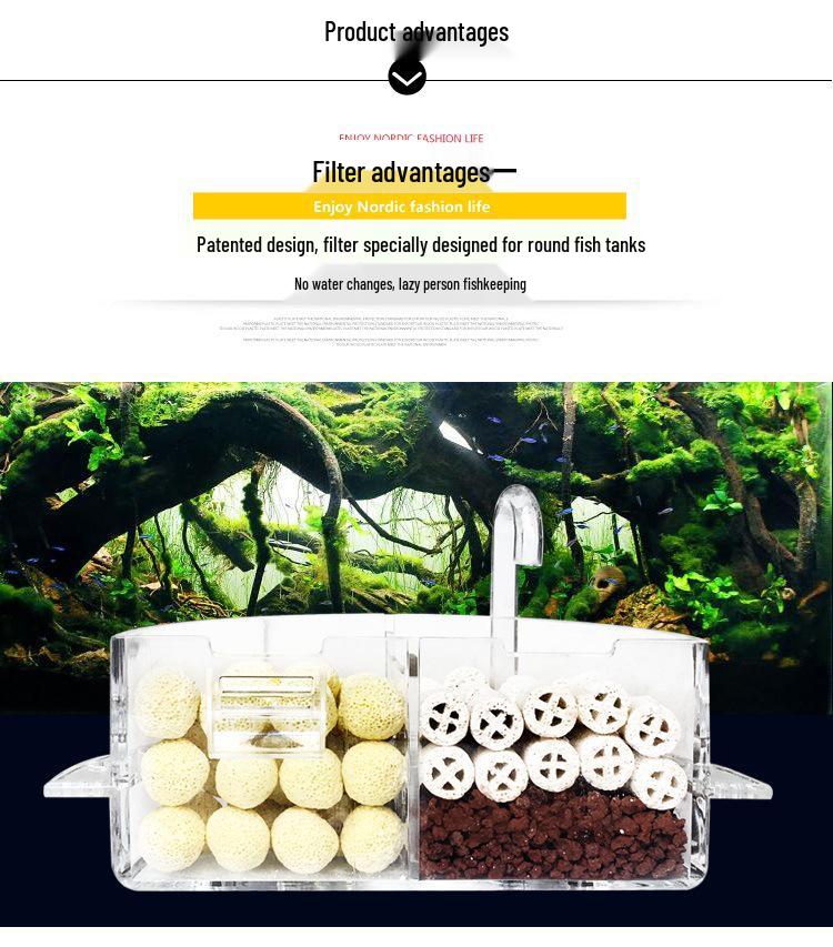 Round Glass Fish Tank: 3-in-1 Silent Filter, Oxygenator, and Waterfall Box with Ceramic Trickle Media.