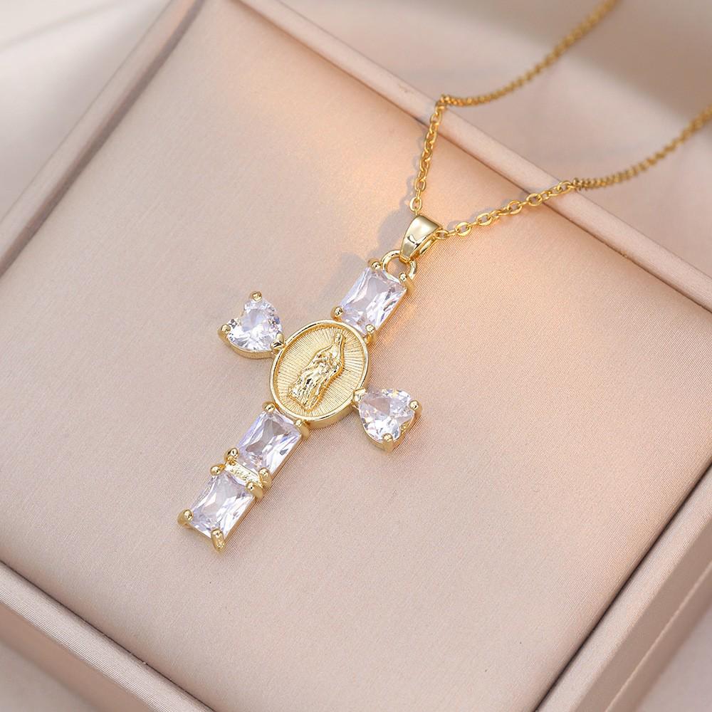 Damen Bunte Zirkon Kreuz Halskette - Nischendesign mit Voll-Diamant-Anhänger an Edelstahlkette