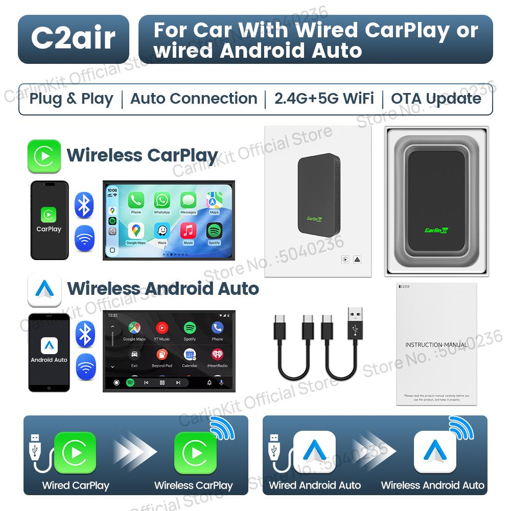 

CarlinKit 5.0 C2Air Wireless Adapter Wireless CarPlay Android Auto Plug &Play 2.4Ghz&5.8Ghz WiFi BT Auto Connection For OEM Cars CarlinKit Genuine