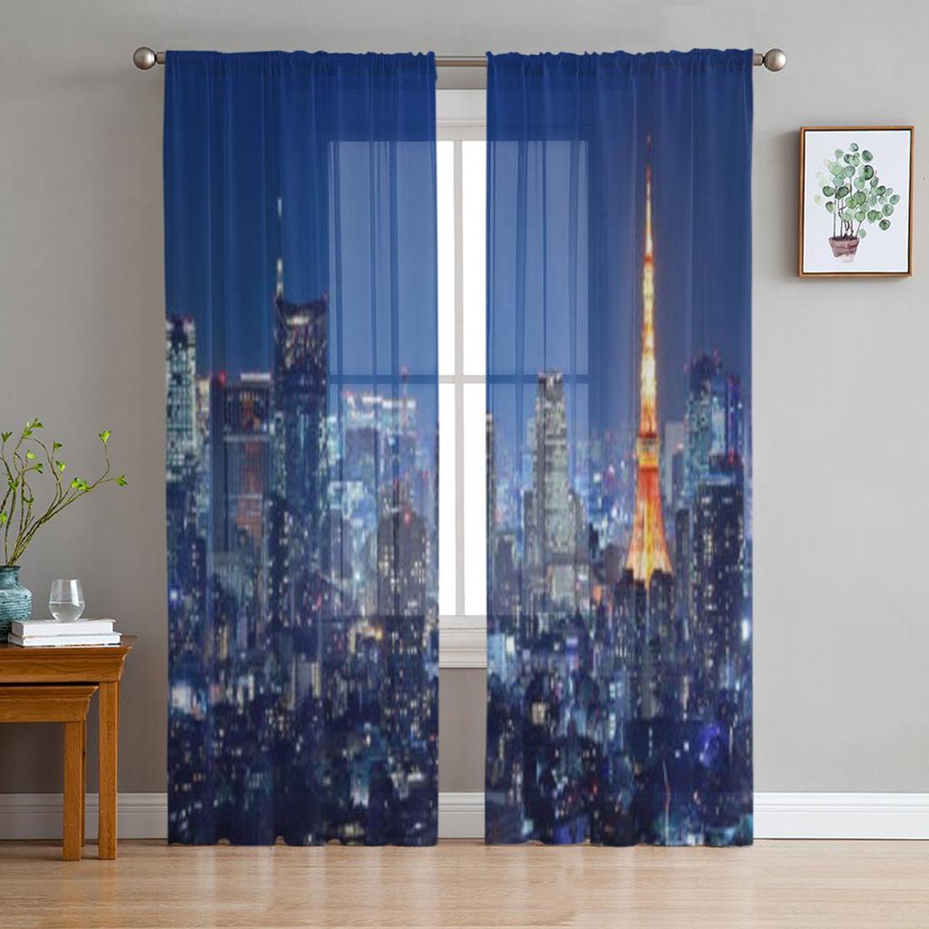 Tokio Stadtbild bei Nacht Luxuriöse Chiffon Gardinen Transparent für Wohnzimmer Schlafzimmer Dekoration Fenster Voiles Tüllvorhang