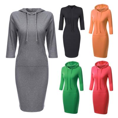 Autumn Hooded Dress with Big Pocket Slim Fit Drawstring Elastic Solid Color