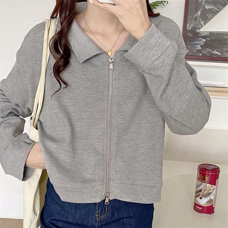 Women's High-End Waffle Knit Polo Collar Sweatshirt Jacket, Autumn Double Zipper Cardigan, Korean Style Student Top