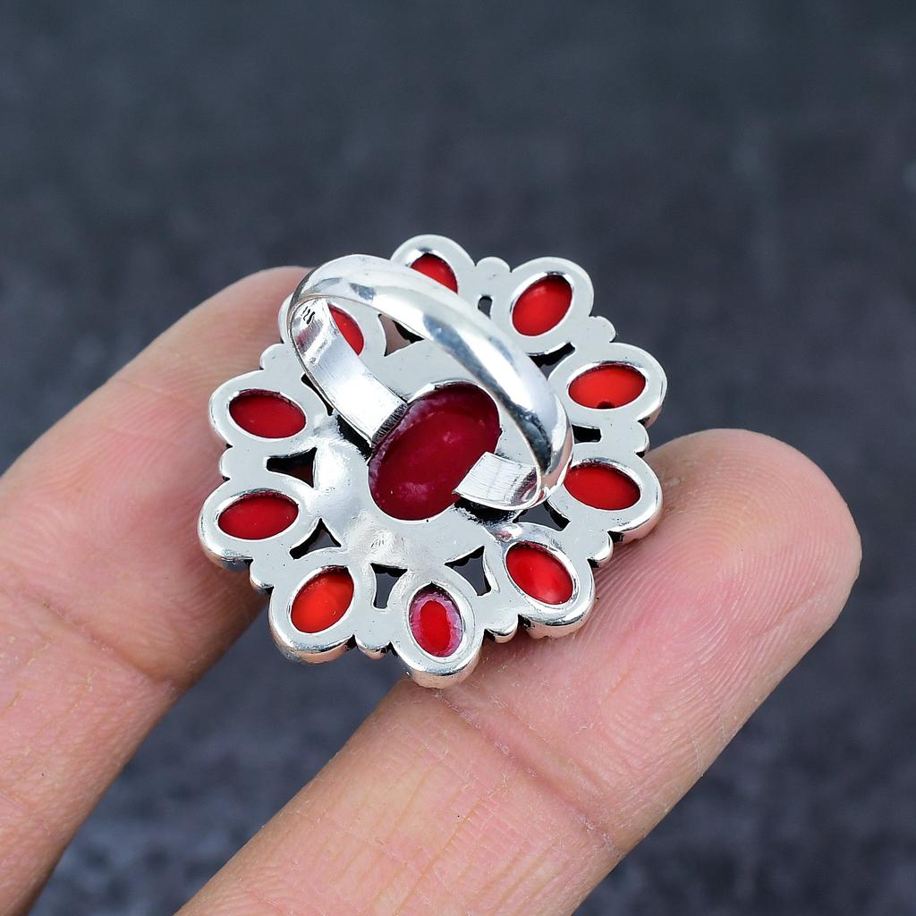 Red Coral Gemstone 925 Sterling Silver Jewelry Ring Size 8.5