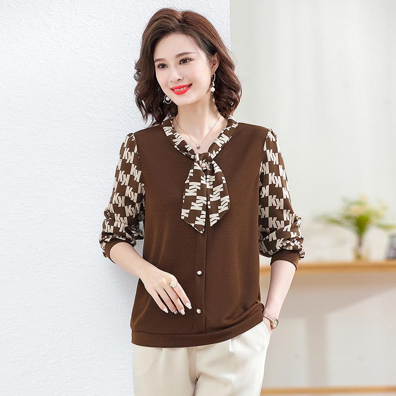 Stylish Printed Bow Tie Chiffon Top for Middle-Aged and Elderly Women – Loose Fit, Long-Sleeved, Plus Size