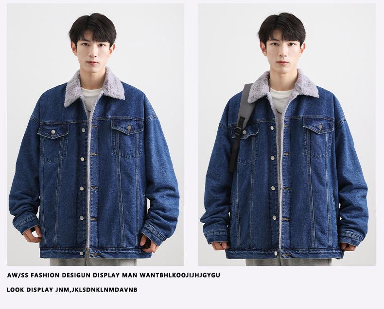 2025 Men's Autumn/Winter Denim Jacket with Faux Rabbit Fur Collar, Cotton Texture, Fleece-Lined, Washed Finish.