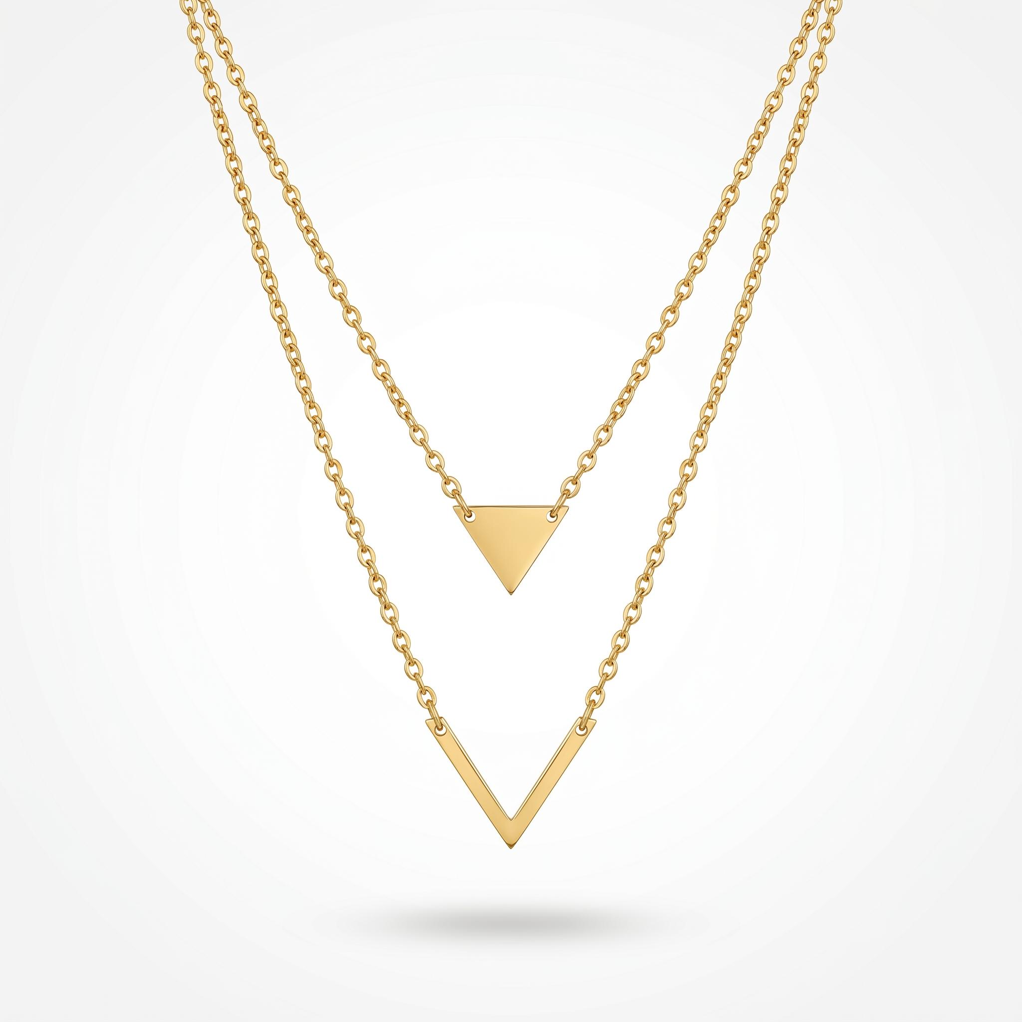 QIAOREN 11799 18K Gold Plated Stainless Steel Tarnish-Resistant Geometric Double Layer Triangle & Chevron Necklace