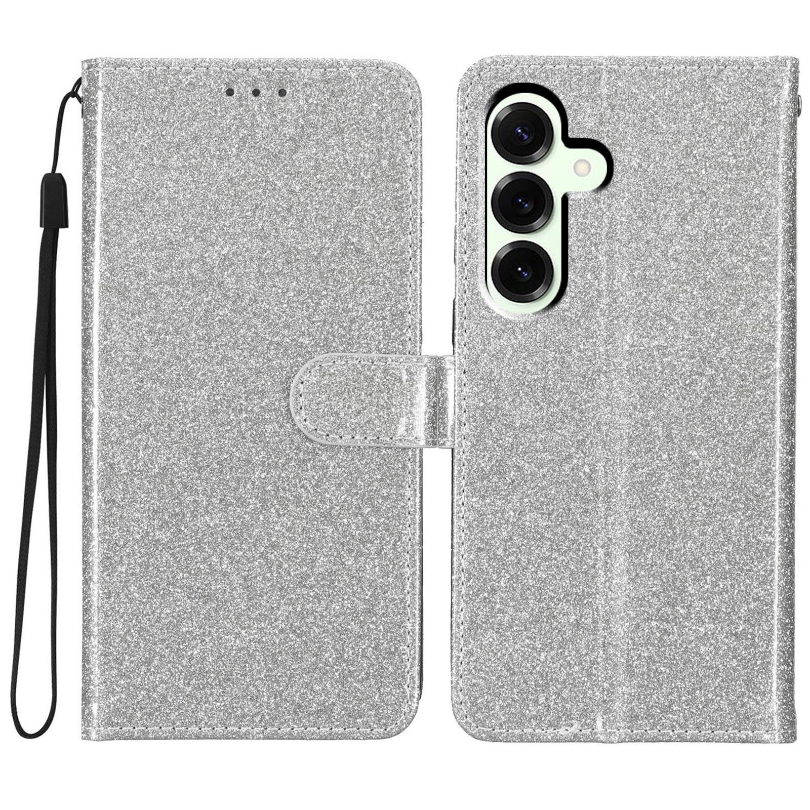 

For Samsung Galaxy M36 5G Wallet Case Glitter Anti-Scratch Leather Stand Phone Cover with Strap Silver