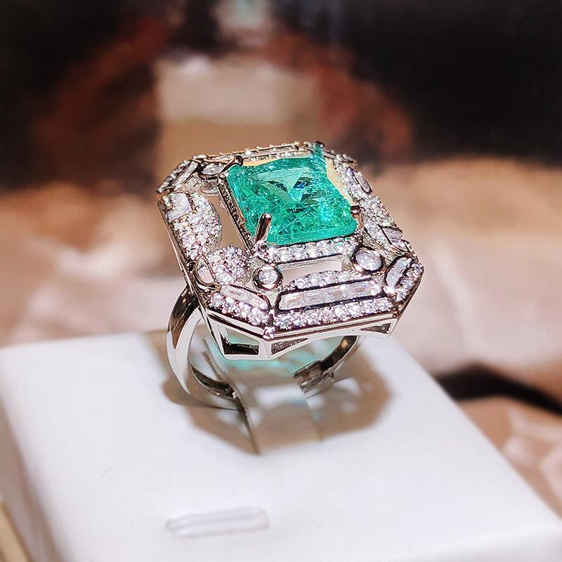 Geometric Square Green Zircon Ring Luxury White Full Diamond Opening 925 Sterling Silver Women's Jewelry High-end Banquet Ring