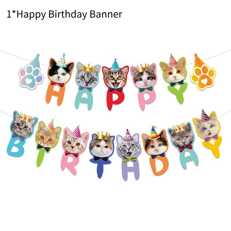 Cat Theme Birthday Pet Party Supplies Decoration Set Banner Cake Card Topper