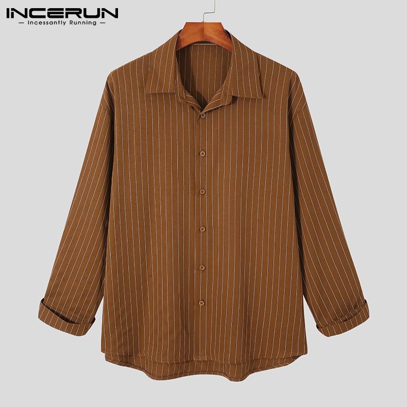 

INCERUN весенние мужские полосатые рубашки с длинными рукавами свободные