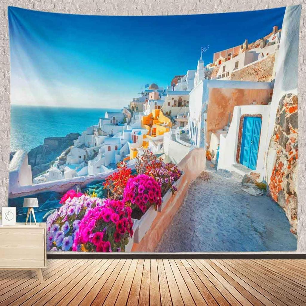 Santorini Griechenland Wandteppich Wandbehang Ägäis Meereslandschaft Wandteppich Weiße Architektur Blume Mittelmeer Kinder Studenten Schlafzimmer