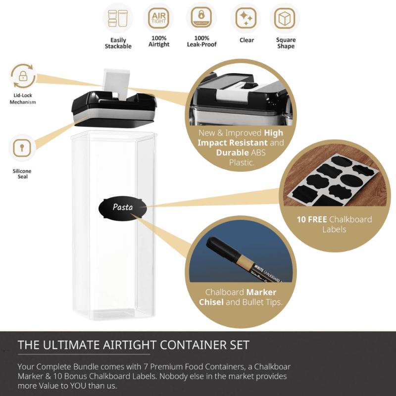 Sada vzduchotěsných nádob na skladování potravin – 7 PC set – Štítky – Nádoby pro uspořádání kuchyně a spíže – Bez BPA – Průhledné plastové kanystry na mouku