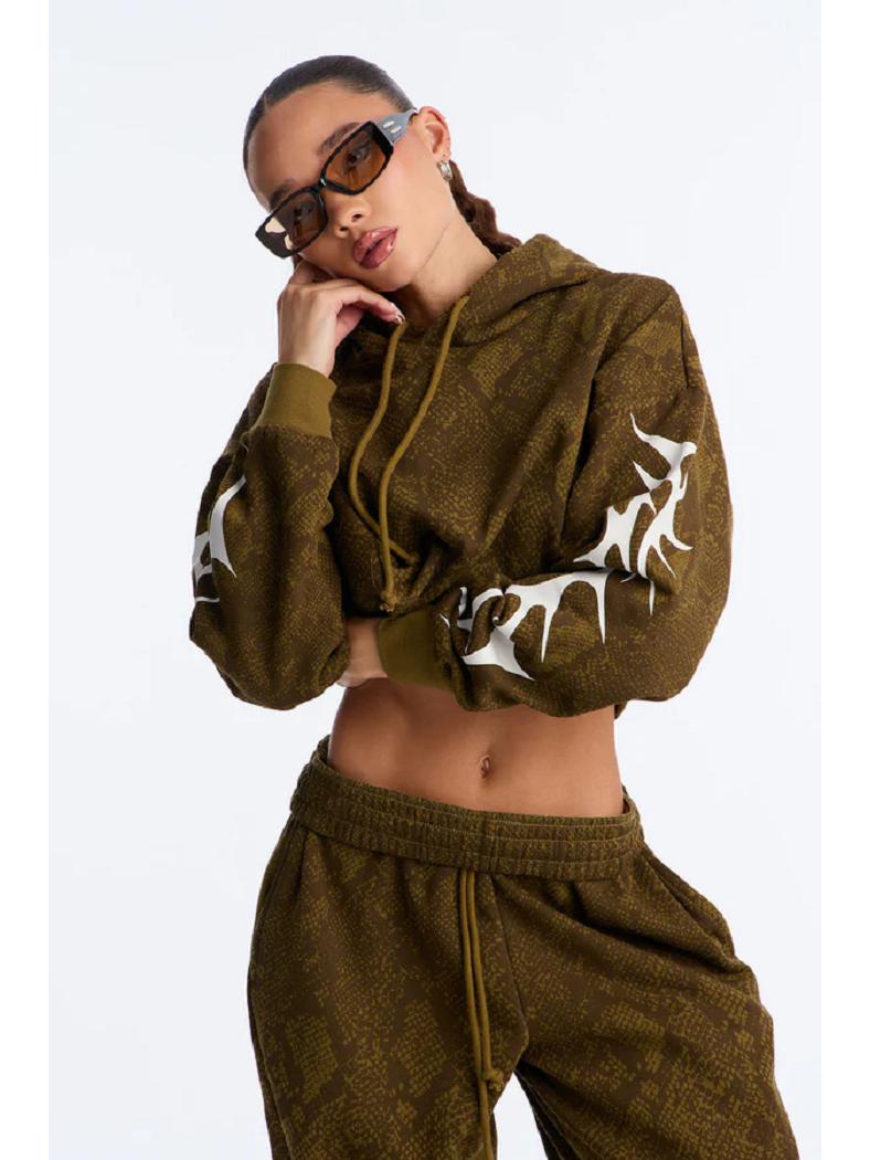 Retro Flame & Snake Print Sportswear Set Small коричневый