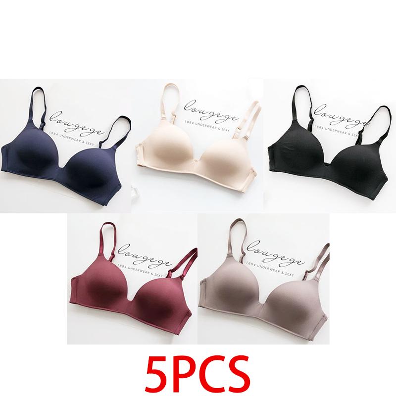 5 PCS Women's Solid Color Seamless Bras Sexy Deep V Bras Push Up Underwear Tops Female No Wire Lingerie 3/4 Cup Female A B Cup Brassiere