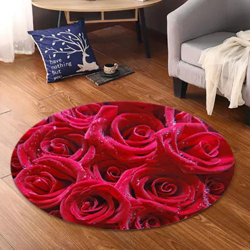WTEMPO Round 3D Rose Printed Indoor Carpets Living Room Bedroom Soft Non-slip Carpets Home Decor Simple Elegant Carpets