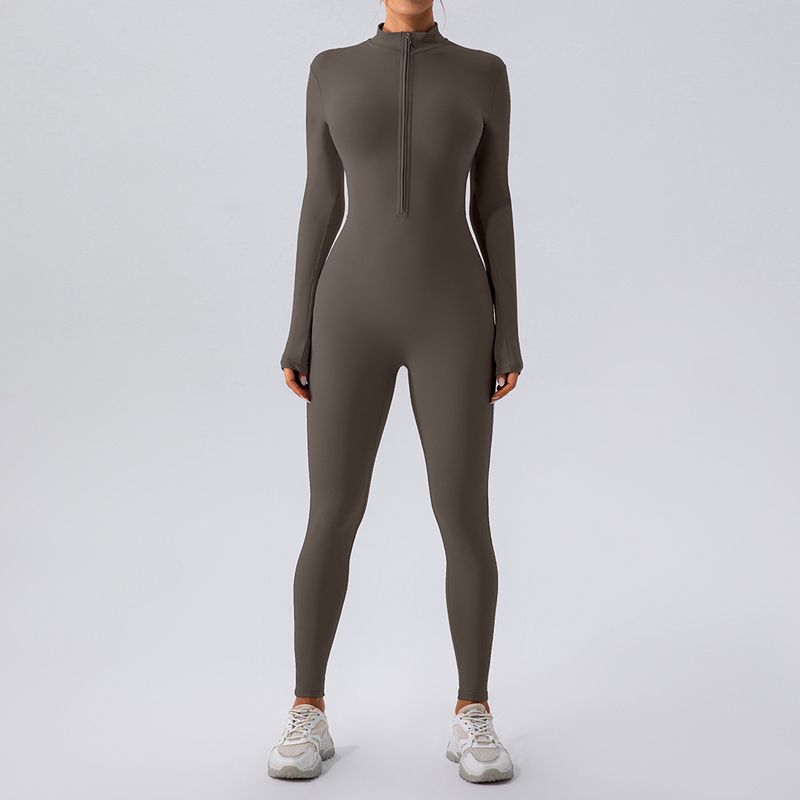Export Zipper Nude Feel Long Sleeves Yoga Jumpsuit Women's Sports Running Workout Training Dance One-Piece Jumpsuit