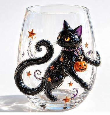 2D Halloween Artisan Glassware Collection, Drinking Glasses with Raised Pumpkin Ghost Black Cat Web Design, Spooky Clear Cups for Cocktails Juice
