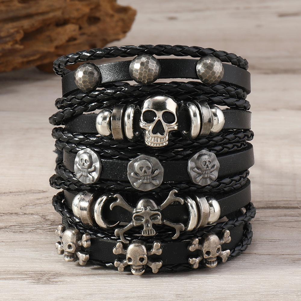 Men's Punk Skull Leather Bracelet Set Multi-Layer Gothic Rock Chain Bracelets Pentagram Charm Hip Hop Streetwear Badge Jewelry Accessories for Him