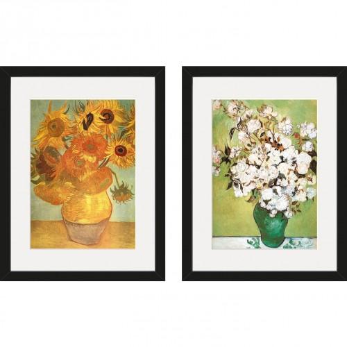 Vincent Van Gogh Sunflowers Vase with Roses Framed Print Set  (Pack of 2)