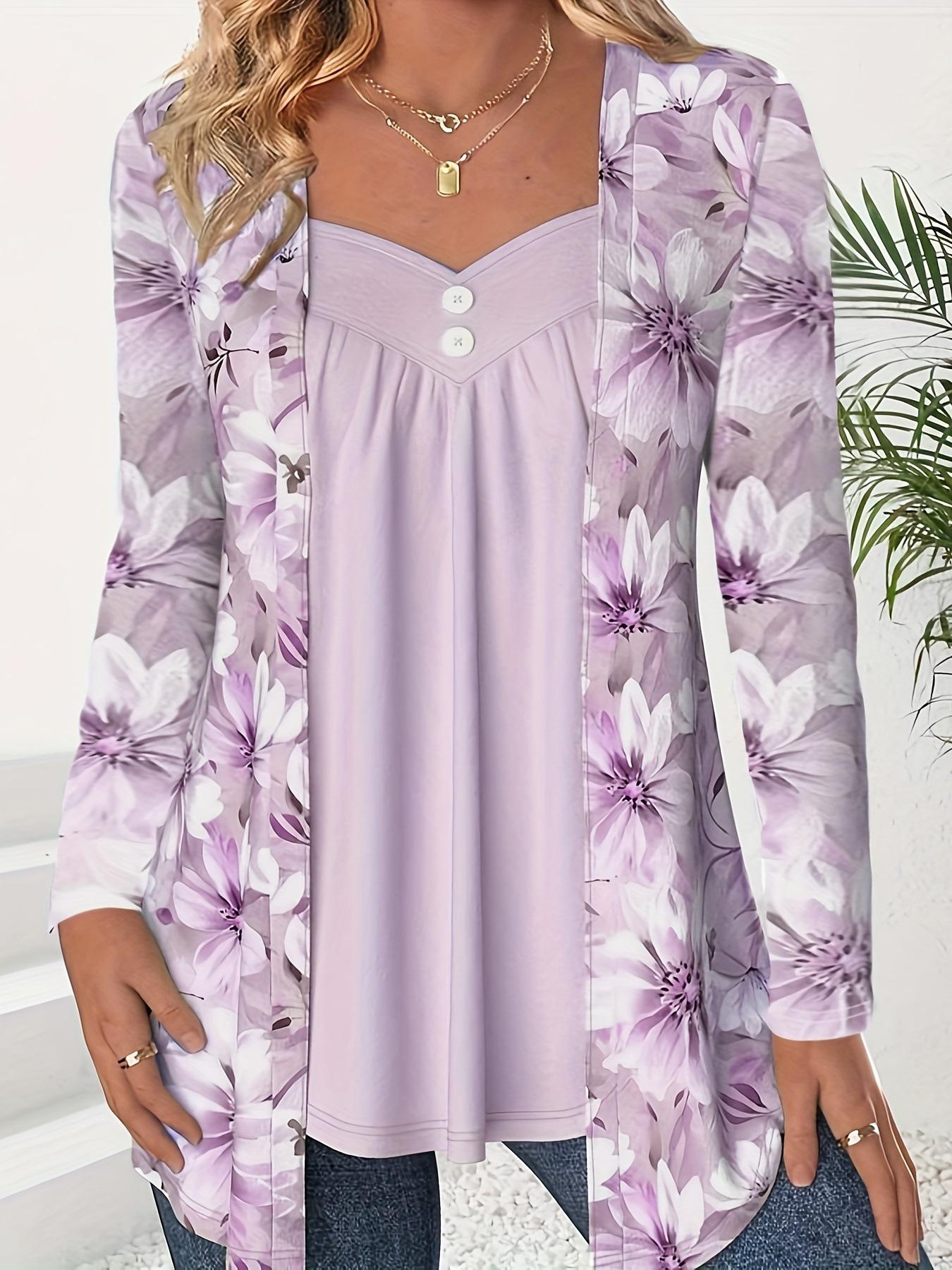 

2025 Autumn/Winter Women s Fake Two-Piece Print Long Sleeve Top - European & American Fashion 3XL фиолетовый