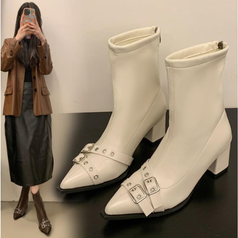 

Модные ботильоны на высоком каблуке Женские массивные с острым носком Кожаные туфли Женские 2025Тренд Зимние лодочки Готическая мода Челси 35 бежевый