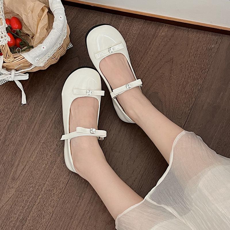 French Mary Jane Single Shoes Bow Women's Shoes Spring and Summer New Rhinestone Low Heel Flats Fashion Beanie Shoes