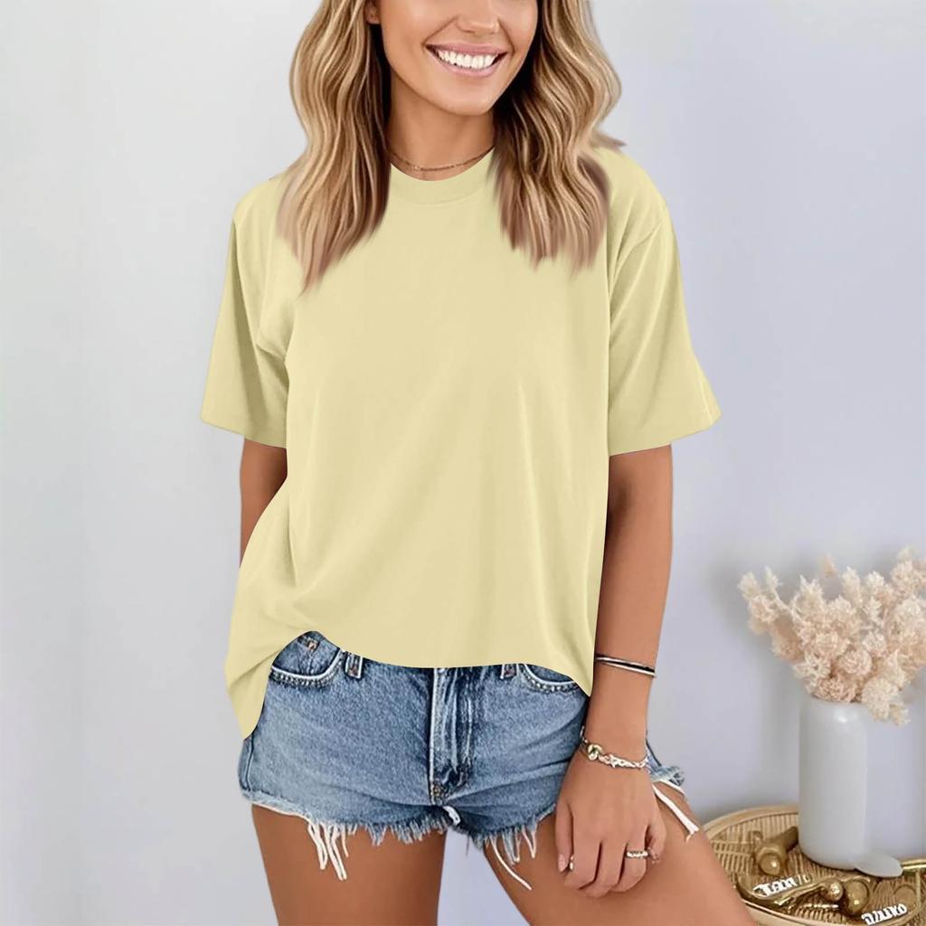 Women Fashionable Short Sleeve Soild Casual Basic  Pullover T-shirt Top