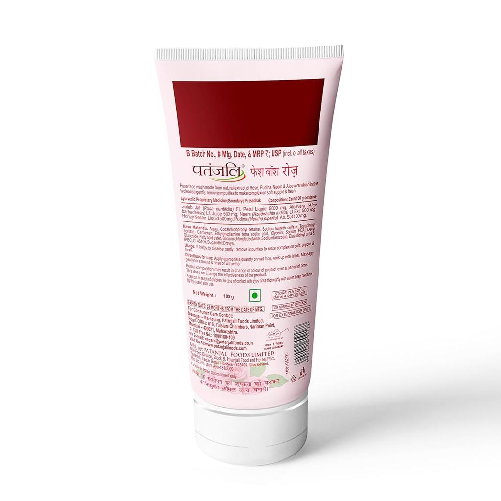 Patanjali Rose Face Wash 100g Pack Gentle Natural Cleanser Refreshing Soft Skin Care for All Types