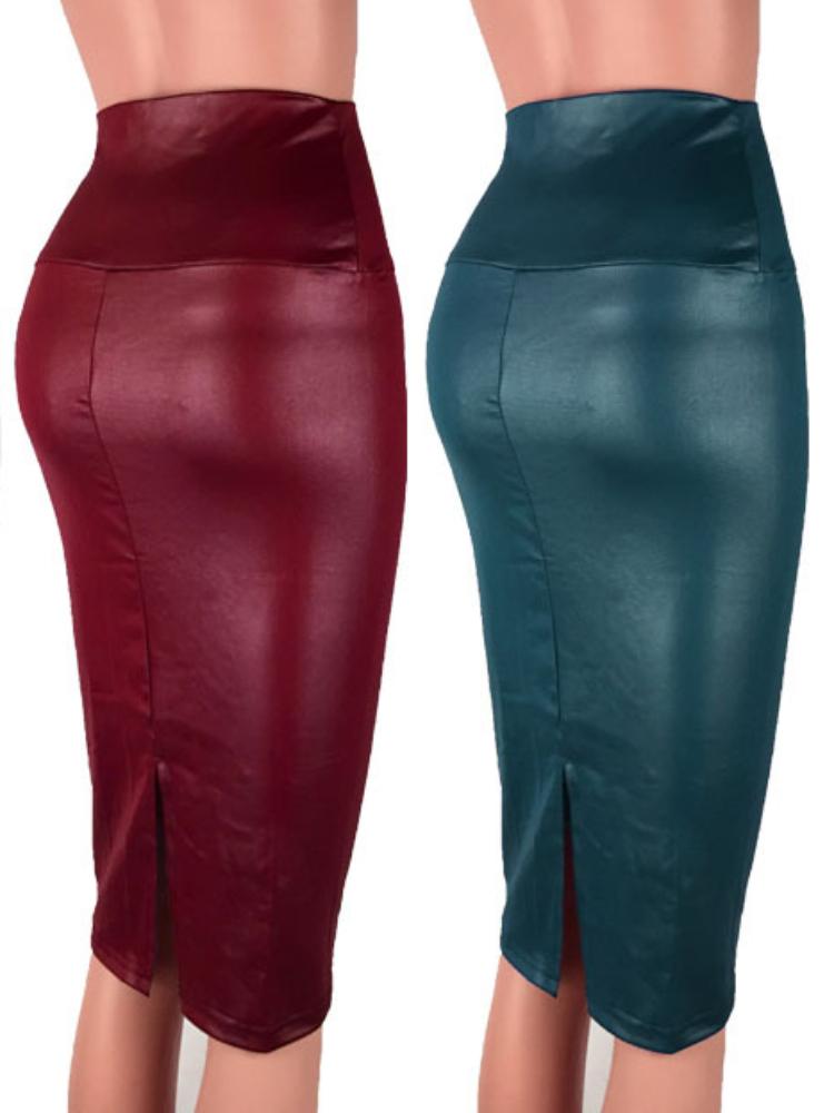 Vintage Matte Color PU Imitation Leather Back Split Skirt Women High-waist Slim Midi Skirts Office Lady Bodycon Skirt Club Party