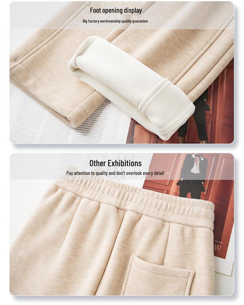 Women's Off-White High-Waisted Wool Wide-Leg Pants with Velvet Lining - Loose, Casual Fit for Autumn/Winter 2024