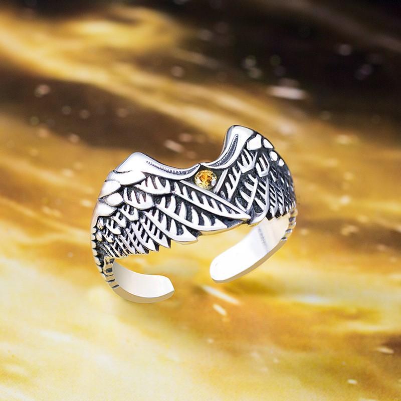 Adjustable Open Ring Men Women Copper Vintage Geometric Wing Design Retro Style Fashion Accessory