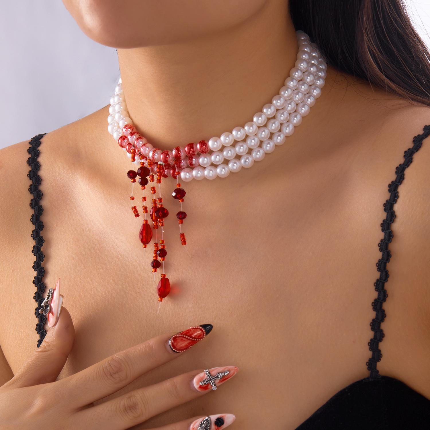

Vintage Multilayer Red Blood Pattern Imitation Pearl Tassel Pendant Necklace for Women Crystal Beads Chain Halloween Zircon