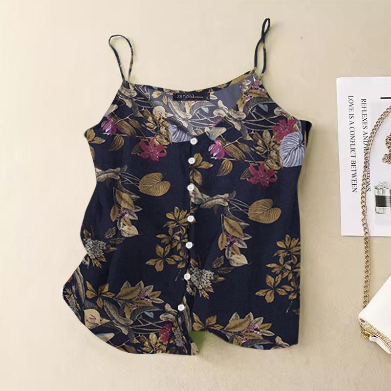 

ZANZEA Women Casual V-Neck Summer Sleeveless Print Camisoles 3XL темно-синий