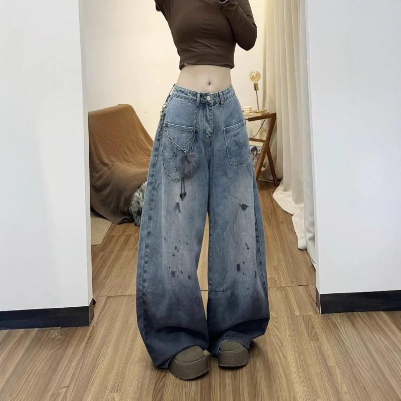 Mens Relaxed Fit Distressed Washed Denim Jeans High Waist Wide Leg Straight Cut Casual Streetwear