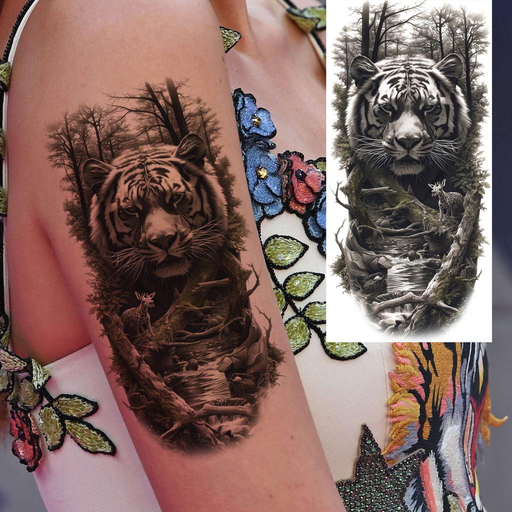1 Sheet Realistic Fake Tiger Temporary Tattoos Sticker For Men Women Adults Water Transfer Transferable Tattoo Sleeve Waist Arm